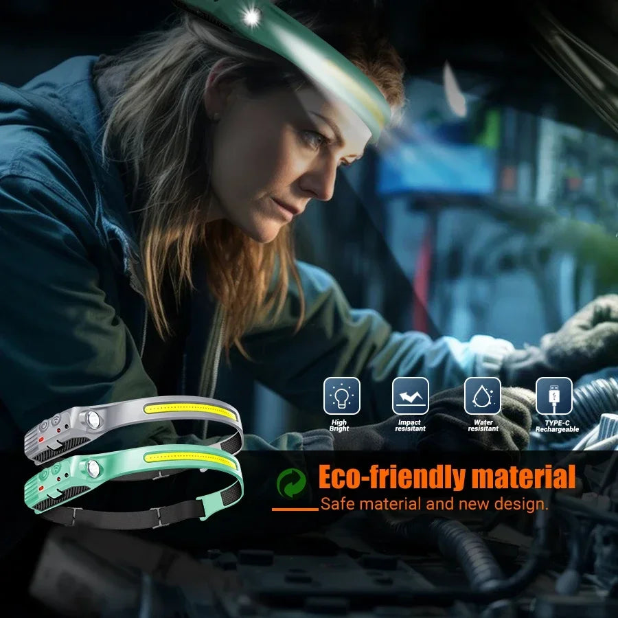 Linterna Frontal LED COB Recargable con Sensor de Movimiento, 5 Modos