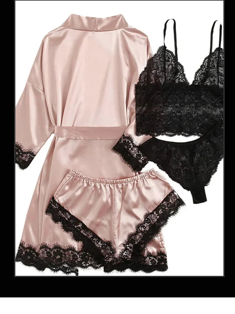 4 piezas ropa de dormir para mujer pijamas Ser con bata lencería de encaje Sexy Albornoz satén de seda ropa de dormir para el hogar bata