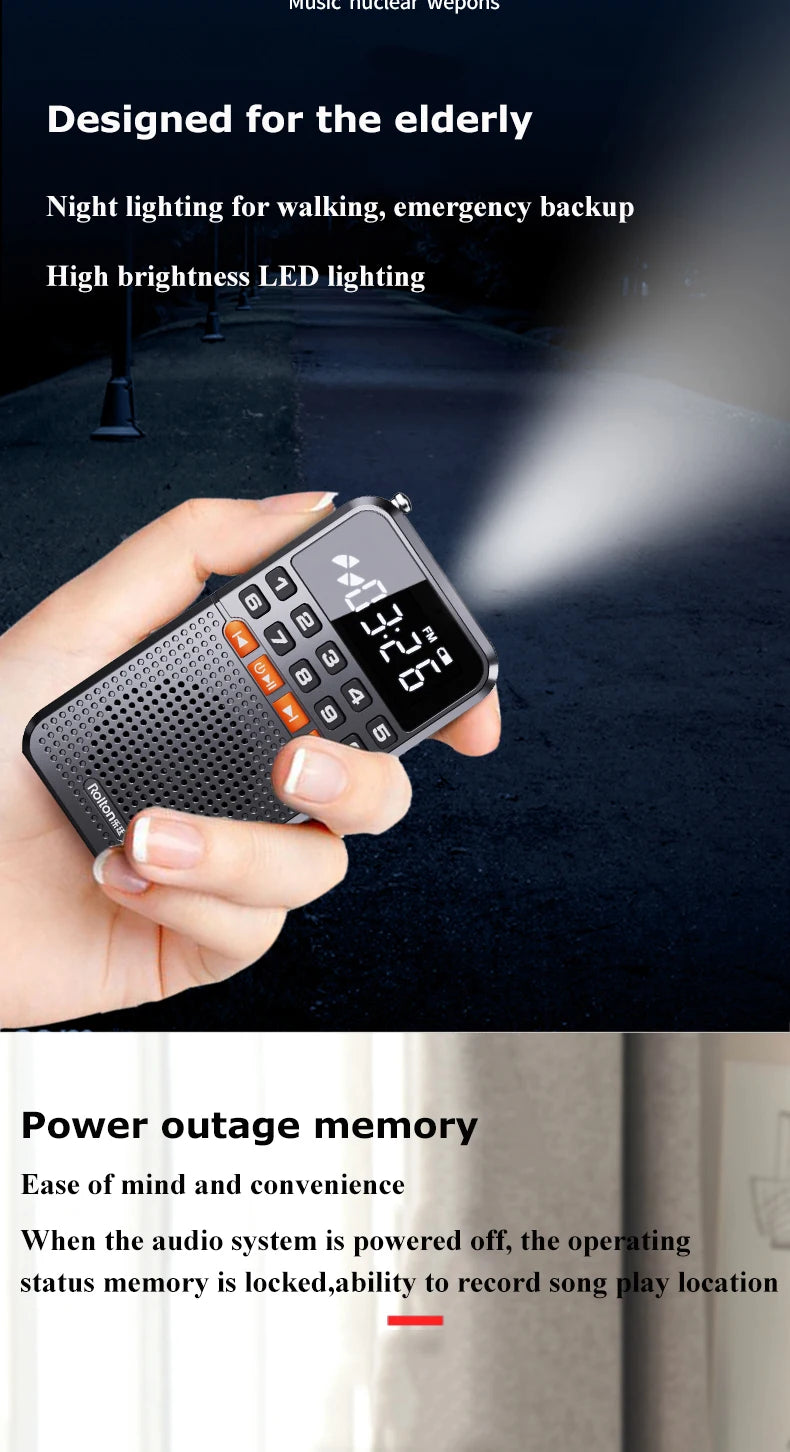Mini Radio FM portátil Bluetooth 5.0 con tarjeta TF y linterna LED