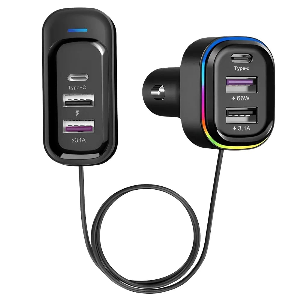 Cargador USB de 6 Puertos para Auto con Extensión para Asientos Traseros