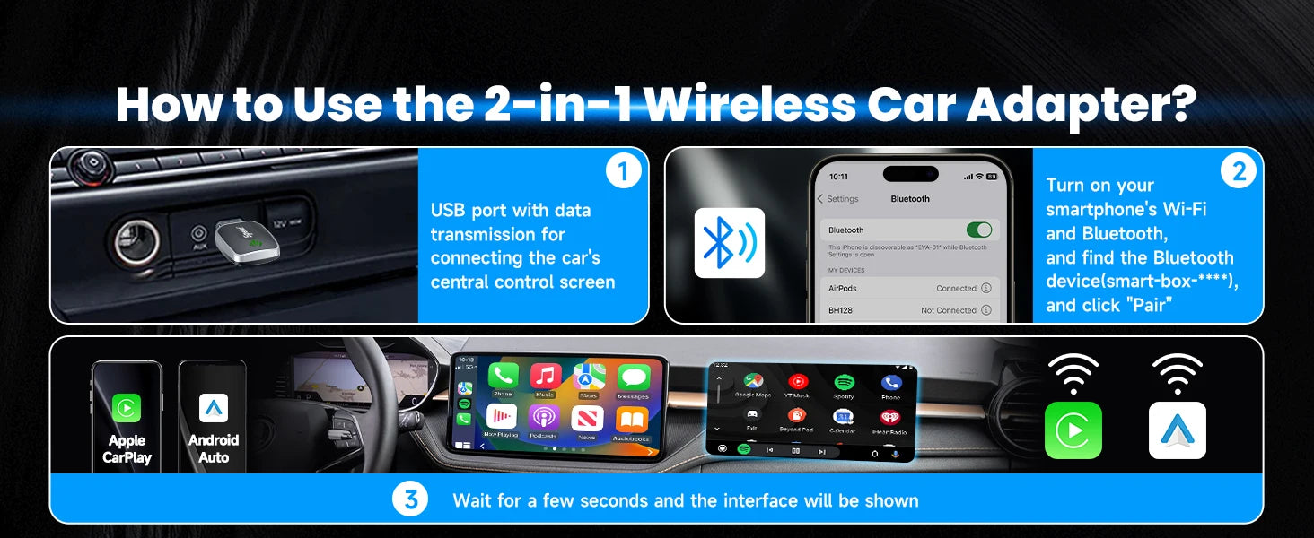Adaptador CarPlay 2 en 1 con cable a inalámbrico y adaptador inalámbrico Android Auto Plug & Play