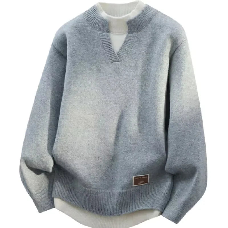 Jersey falso de dos piezas para hombre, cárdigan con cuello redondo, ropa de manga larga, suéter de punto informal juvenil cómodo y térmico