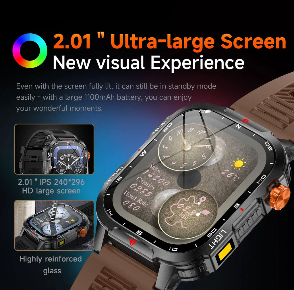 Reloj inteligente de gran tamaño para hombre, iluminación militar para exteriores, batería de 1100Mah, rastreador de Fitness GPS, reloj inteligente de ritmo cardíaco resistente al agua y 10ATM