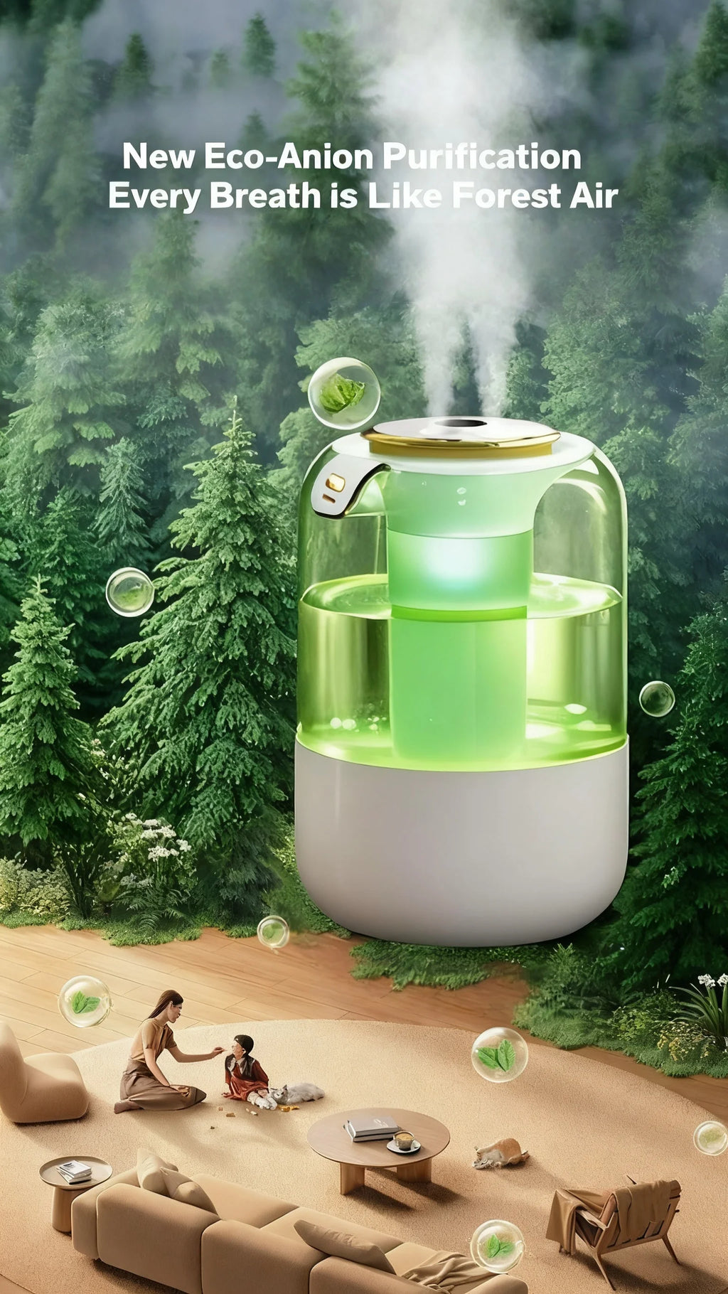 Humidificador de doble pulverización, luz ambiental, niebla silenciosa, sensor inteligente para monitoreo en tiempo real y ajuste de humedad
