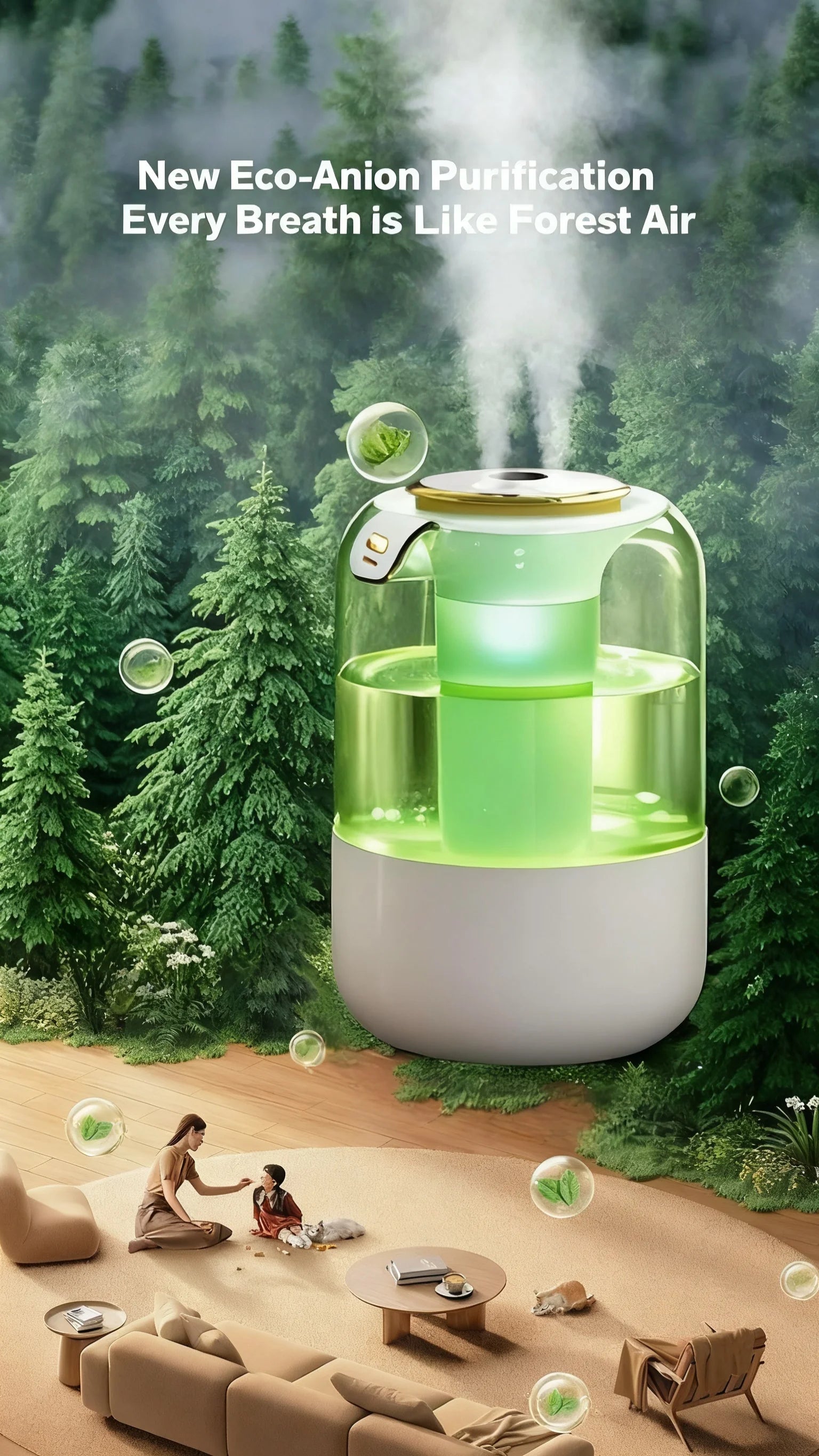 Humidificador de doble pulverización, luz ambiental, niebla silenciosa, sensor inteligente para monitoreo en tiempo real y ajuste de humedad