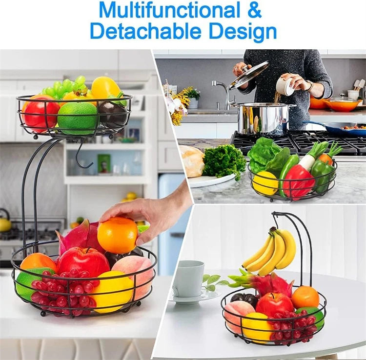 LMETJMA-cesta de frutas para encimera de 2 niveles, cuenco con colgador de plátano, soporte de frutas de alambre de Metal para cocina, organizador de almacenamiento JT312
