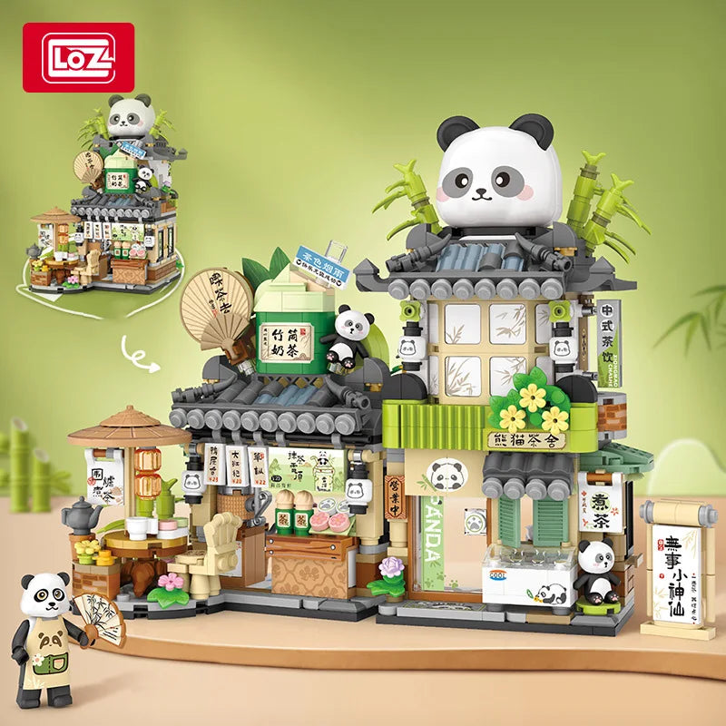 LOZ - Juego de Bloques de Construcción de la Serie Escena Urbana Plegable, Casa de Té Panda, Cafetería, Adorno de Escritorio, Regalo de Cumpleaños para Adultos