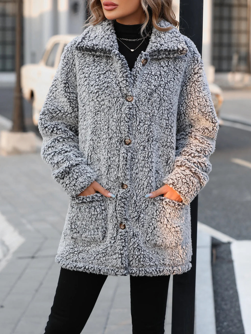 Otoño e Invierno chaqueta de terciopelo Flash abrigo ropa de mujer Casual cuello suelto solo pecho chaqueta cárdigan de longitud media