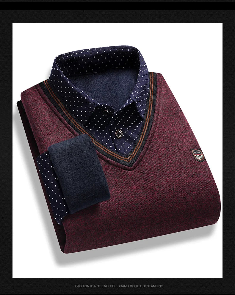 Suéter de felpa para hombre, jersey falso de dos piezas para otoño e invierno, Polo con cuello de lana, Top grueso y cálido, jerséis informales