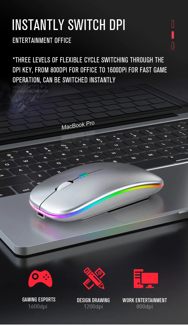 Ratón inalámbrico Bluetooth 5,0 con luz RGB recargable por USB para ordenador portátil, PC, Macbook, 2,4 GHz, 1600DPI