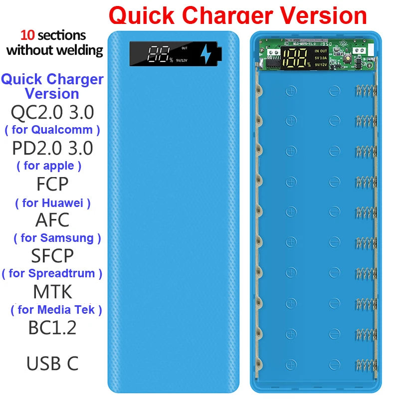 Estuche DIY para Power Bank 10x18650 con Carga Rápida QC 3.0