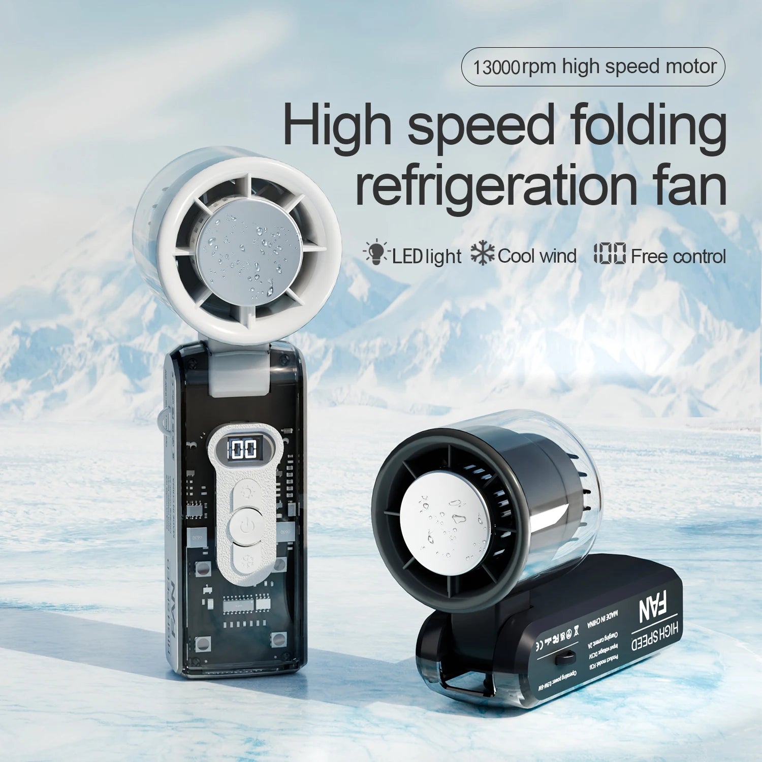 Ventilador de refrigeración plegable de alta velocidad, mini ventilador de carga USB portátil con pantalla digital, ventilador de mano de alta energía eólica