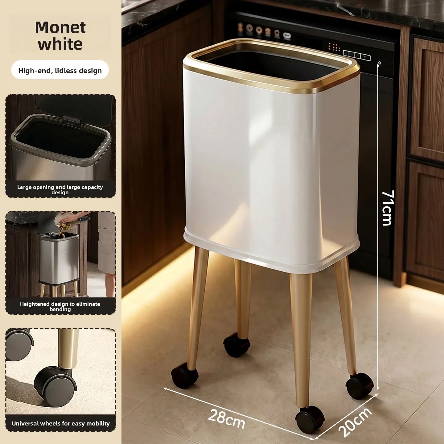 Cubo de basura rodante de acero inoxidable con tapa, 15 litros