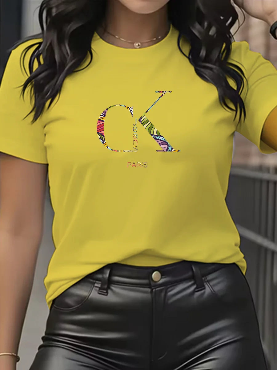 Camiseta con Estampado de Dibujos Animados y Letras Cuello Redondo