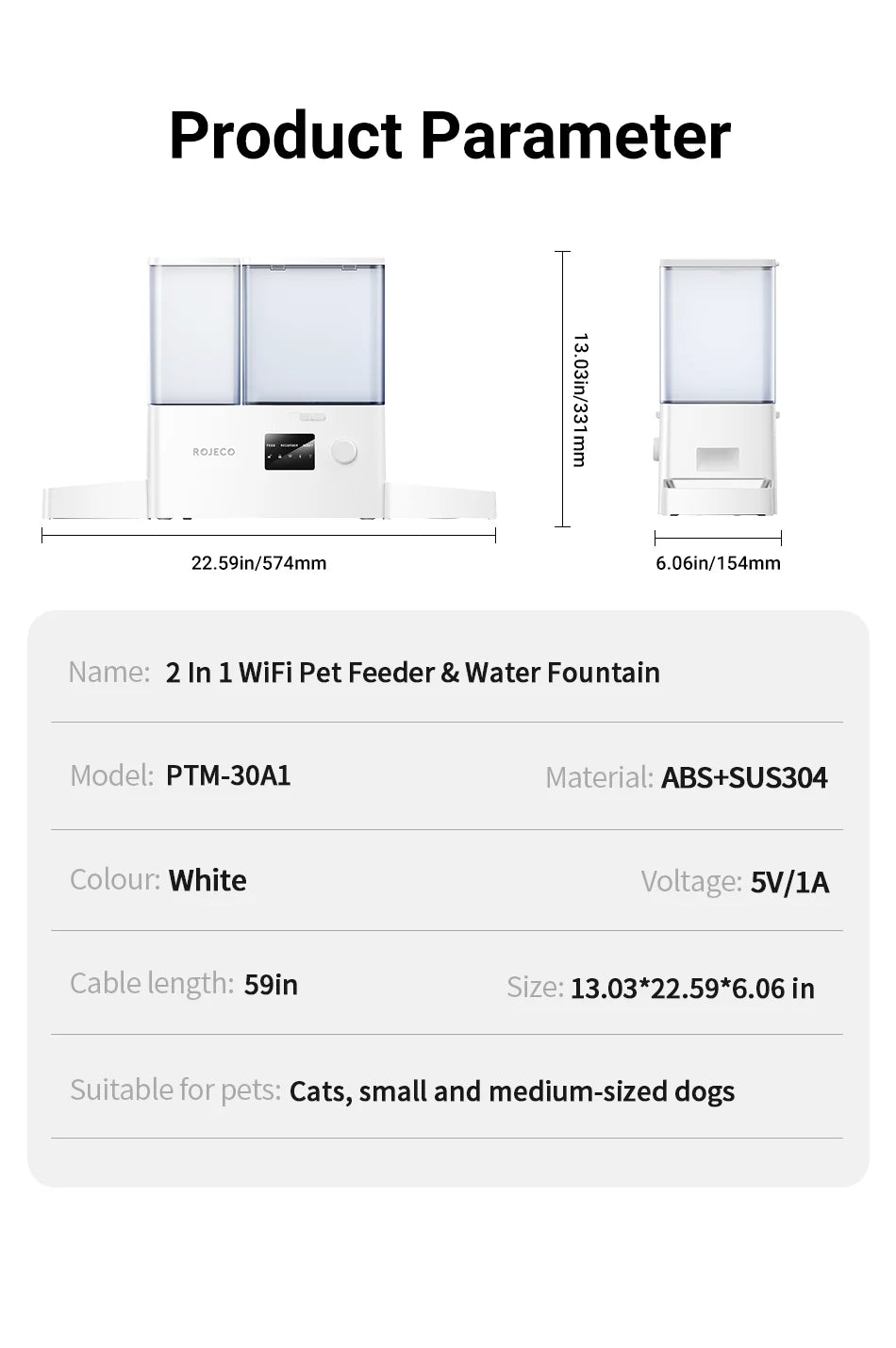Comedero y Bebedero Automático WiFi para Mascotas ROJECO 2 en 1