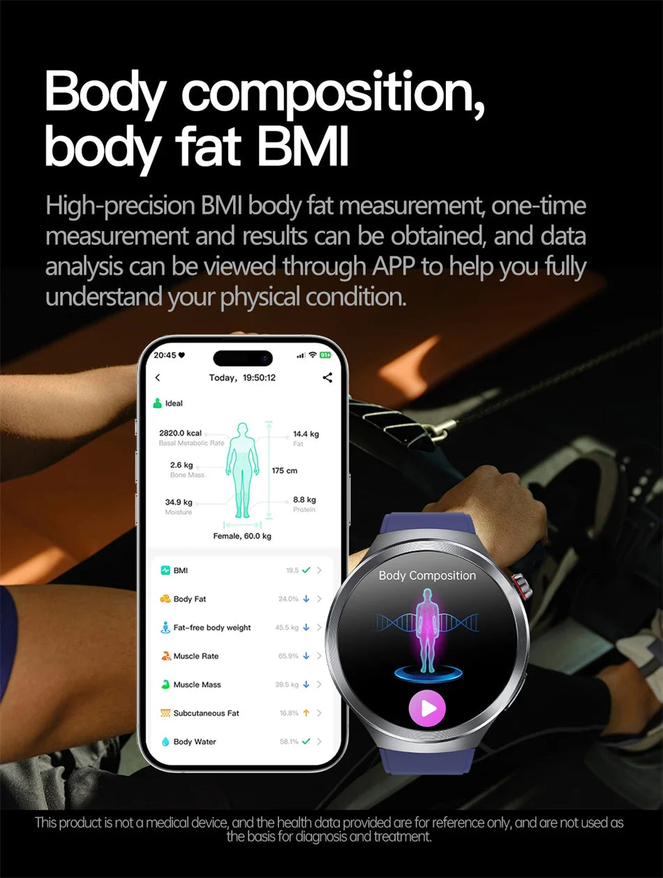 Nuevo Reloj Inteligente con Pantalla de Cristal de Zafiro de 1.73 Pulgadas, Monitor de Salud, Ácido Úrico, Grasa en Sangre, Presión Arterial, ECG+PPG, Análisis Corporal, para Hombre
