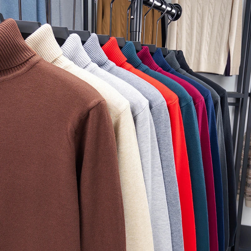 Otoño para hombre de alta calidad de punto suéter de cuello alto ajustado de manga larga anti-pilling jersey Color sólido tendencia hombres Streetwea