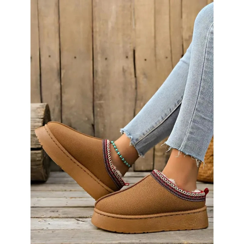 Zuecos de plataforma unisex con ribete étnico y forro de piel sintética
