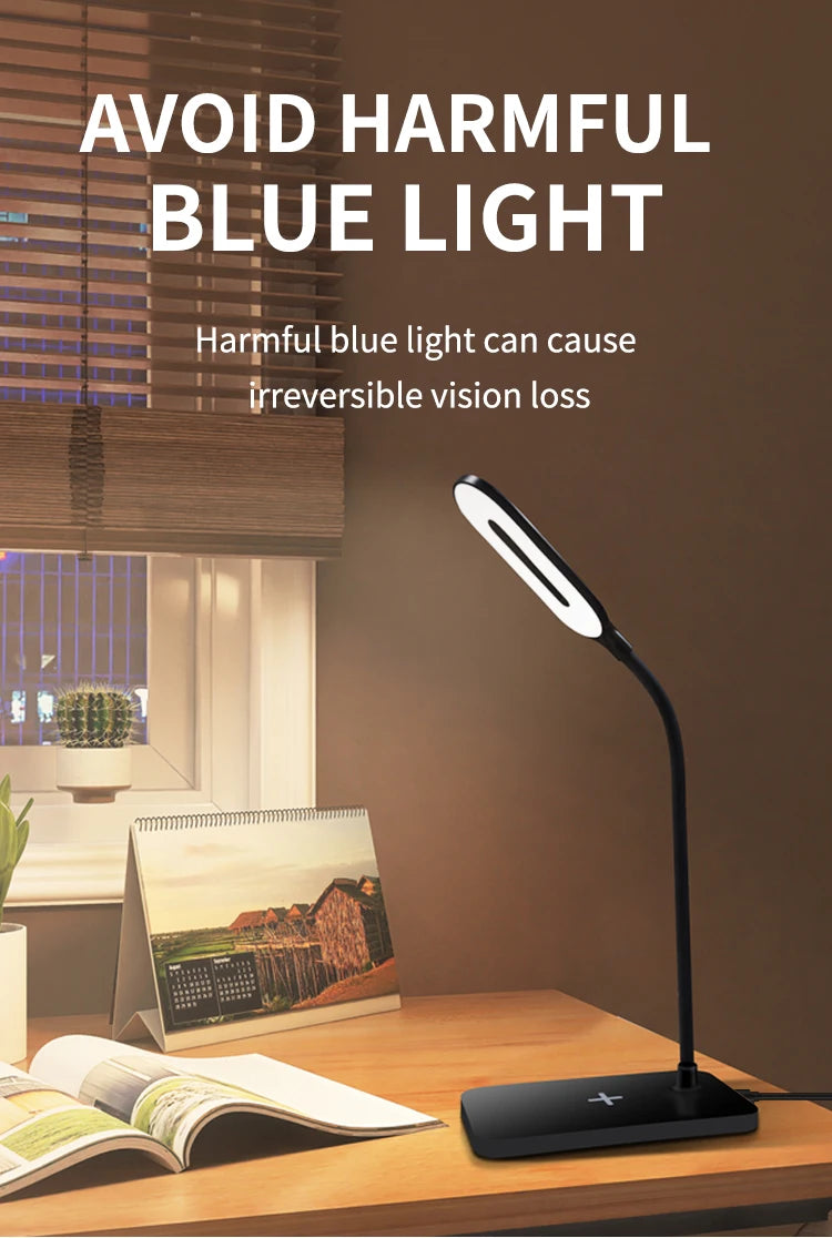 Lámpara de escritorio de lectura, lámpara LED de escritorio, enchufe USB, carga inalámbrica, teléfono móvil, protección ocular táctil, luz de mesa, iluminación de oficina en casa