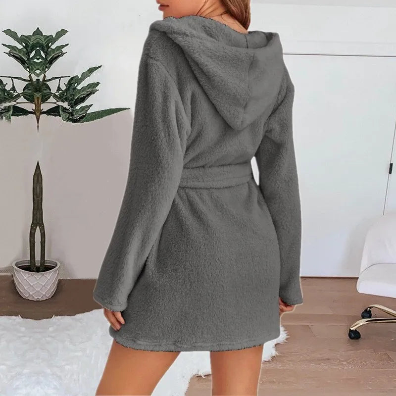 Otoño Invierno mujer bata de baño Sexy pijamas de felpa esponjosos señoras con capucha vestido de Color sólido Albornoz cálido ropa de descanso femenina