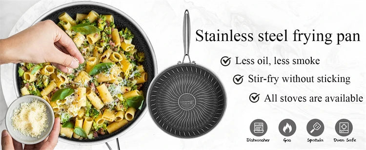 Sartén Wok de acero inoxidable 316, sartén Wok antiadherente de panal, sartén grande para freír con mango, Compatible con inducción JT560