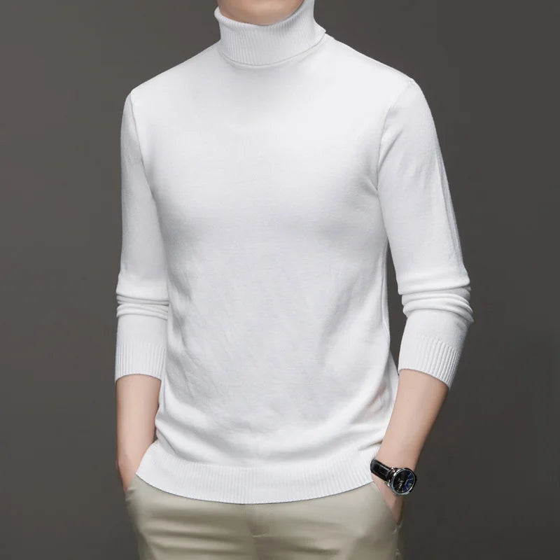 2025 nuevos suéteres de punto para hombre, jerseys transpirables de cuello alto de Color sólido, ropa de calle básica cálida para exteriores, Tops de negocios de otoño