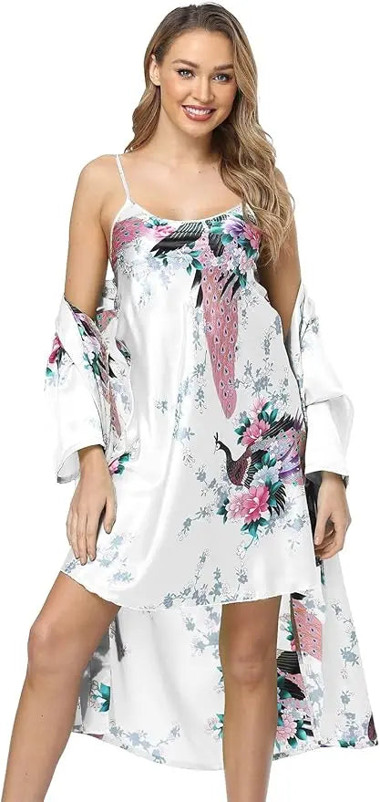 Conjunto de camisón y kimono de satén floral para mujer con camisola, ropa de dormir de 2 piezas, albornoz de pavo real