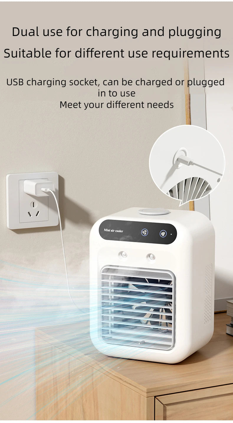 Ventilador humidificador de escritorio USB, tanque de agua, Mini enfriador de aire, dispositivo de refrigeración portátil, batería de litio de 1800mAh, ventilador de operación de bajo voltaje
