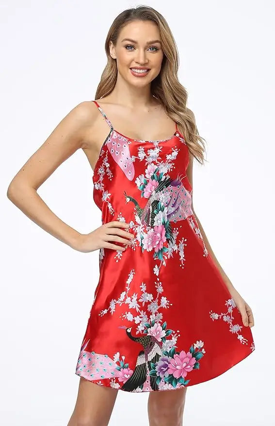 Conjunto de camisón y kimono de satén floral para mujer con camisola, ropa de dormir de 2 piezas, albornoz de pavo real