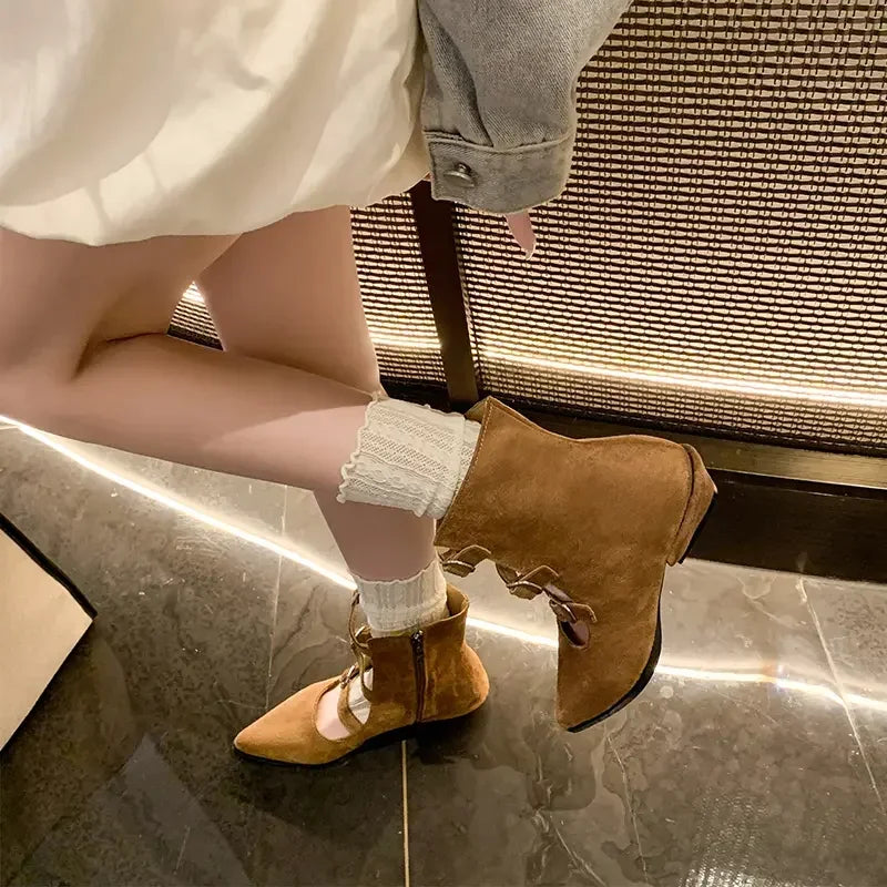 Botines de mujer en ante con hebillas y cremallera, estilo retro occidental