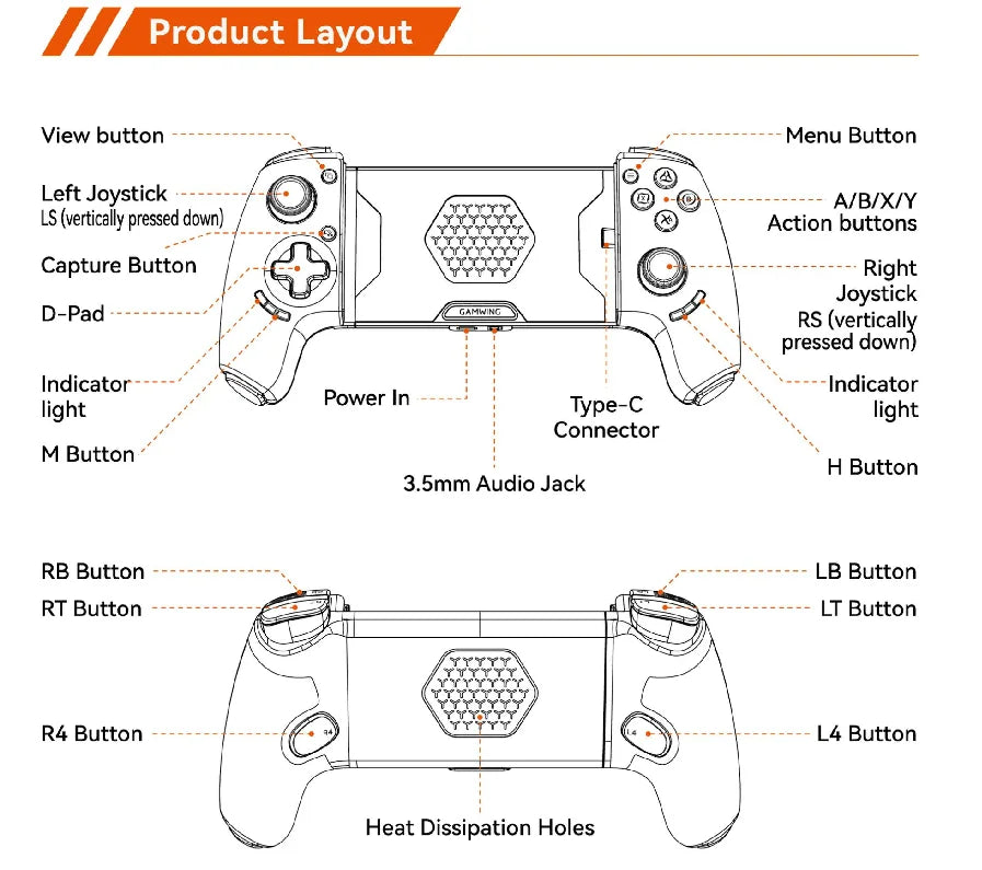 Original Gamwing Aobing Max tipo C AB01 con cable Bluetooth Stretch controlador de juego móvil para teléfono mito negro pollo Ios Android