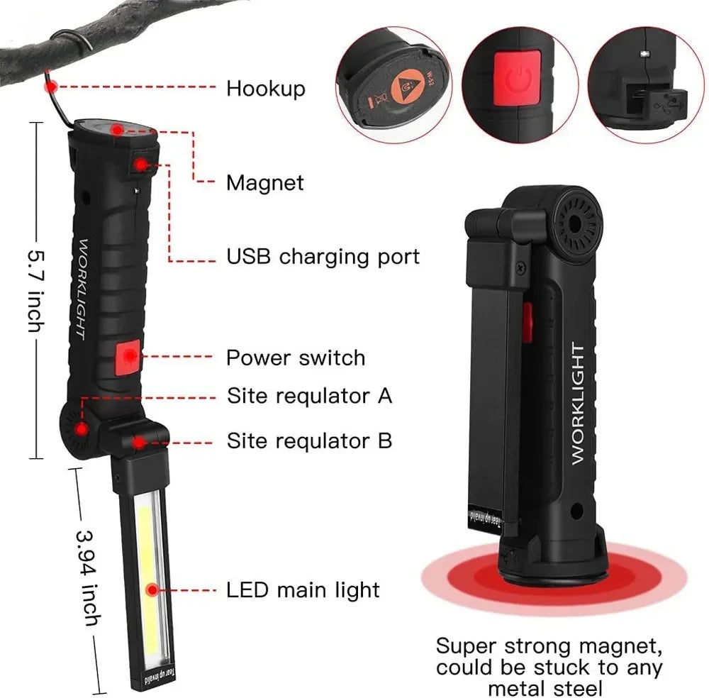 Linterna LED Recargable USB con Base Magnética y 5 Modos de Iluminación
