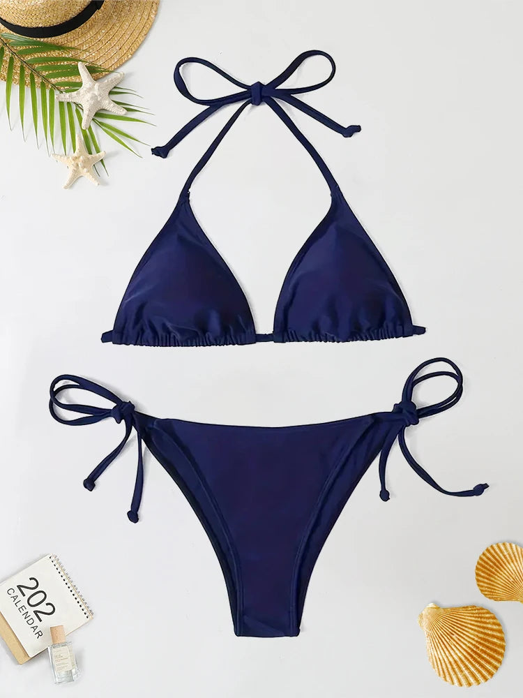 Conjunto de Bikini con Tanga para mujer, traje de baño Sexy de color azul marino, trajes de baño sexys, Bikinis con vendaje triangular, ropa de playa femenina 2 uds.
