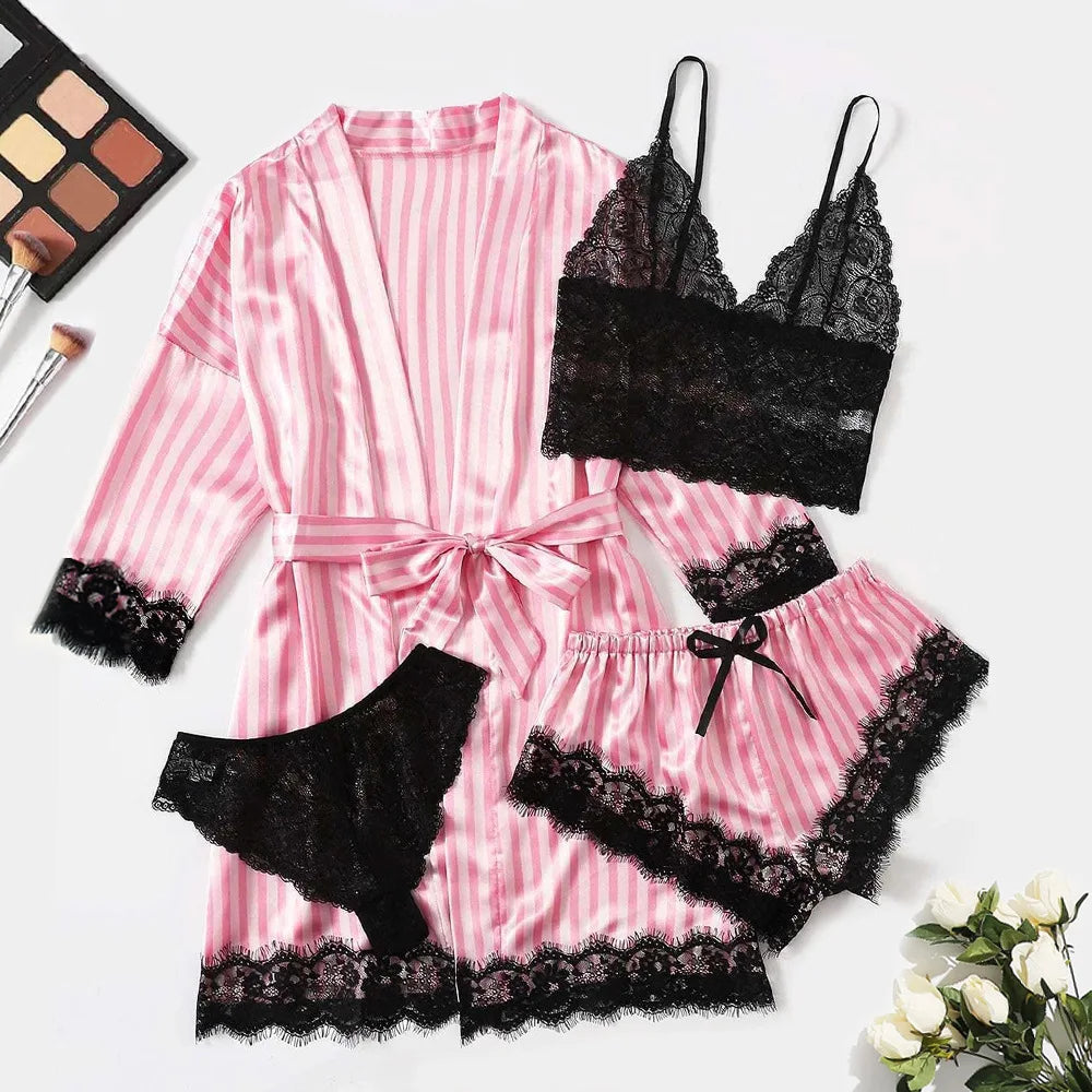 Conjunto Pijama de Satén 4 Piezas con Bata - Top con Encaje para Mujer