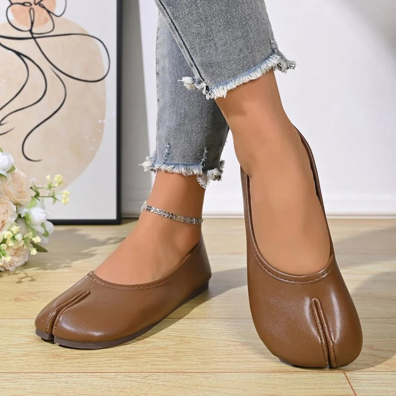 Zapatos Planos Mujer Punta Dividida Cuero PU, Sin Cordones, Comodidad