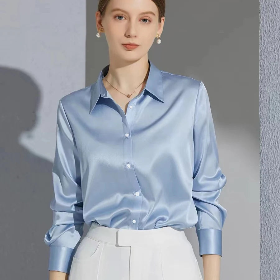 Camisa Satinada de Manga Larga para Mujer, Estilo Elegante