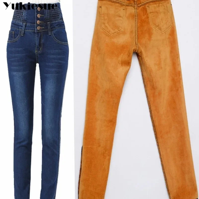 Pantalones Vaqueros Cálidos de Lana para Mujer, Cintura Alta con Forro de Terciopelo