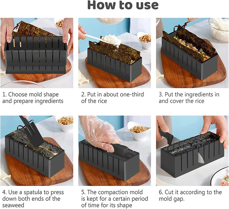 LMETJMA 10 Uds Kit para hacer Sushi DIY molde para Sushi prensa con molde para rollo de arroz para Sushi fabricante de Sushi molde para rollo de arroz KC0473