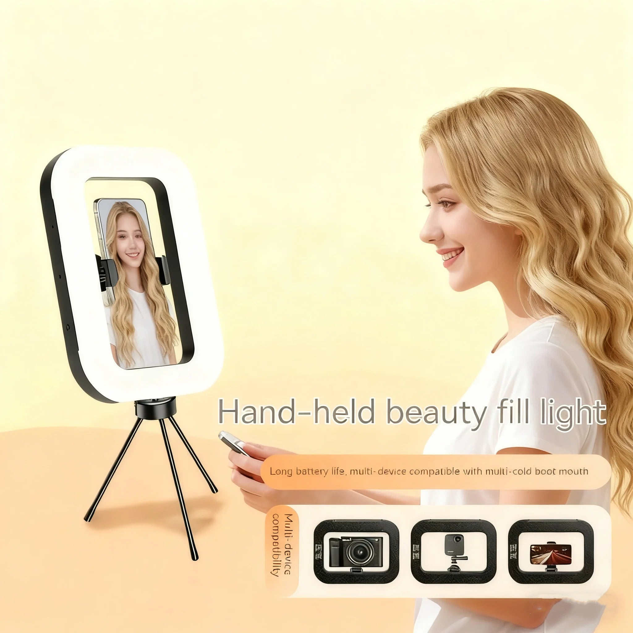 Luz de relleno para selfies, iluminación fotográfica LED cuadrada para grabación de video, transmisión en vivo, luz de relleno móvil con clip.