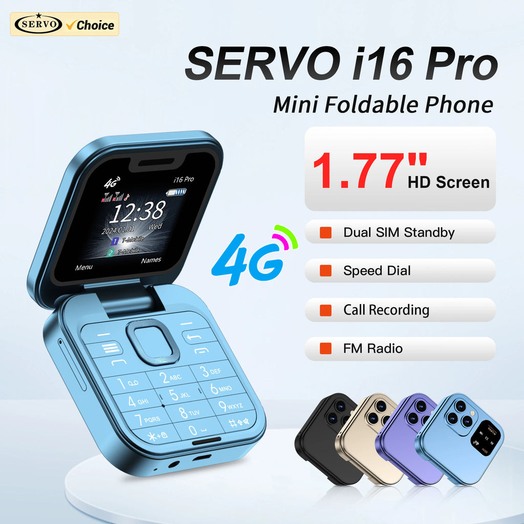 SERVO i16 PRO 4G LTE Mini teléfono móvil con tapa Dual SIM llamada en espera grabación velocidad Dial Radio FM pantalla de 1,77 "teléfonos móviles plegables