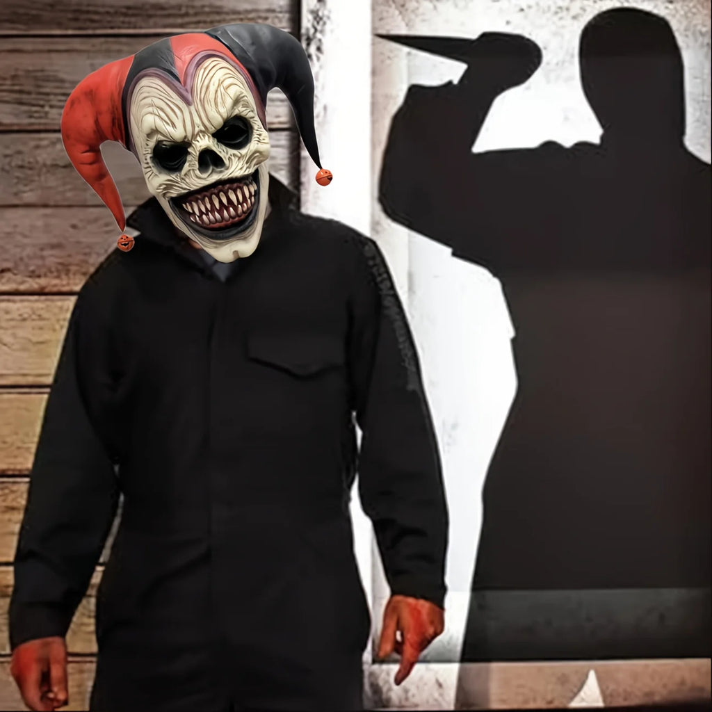 Máscara de payaso amenazante con cuernos, calavera sangrante, Halloween para fiestas de disfraces, casas embrujadas con pendientes de campana, colgantes de calabaza
