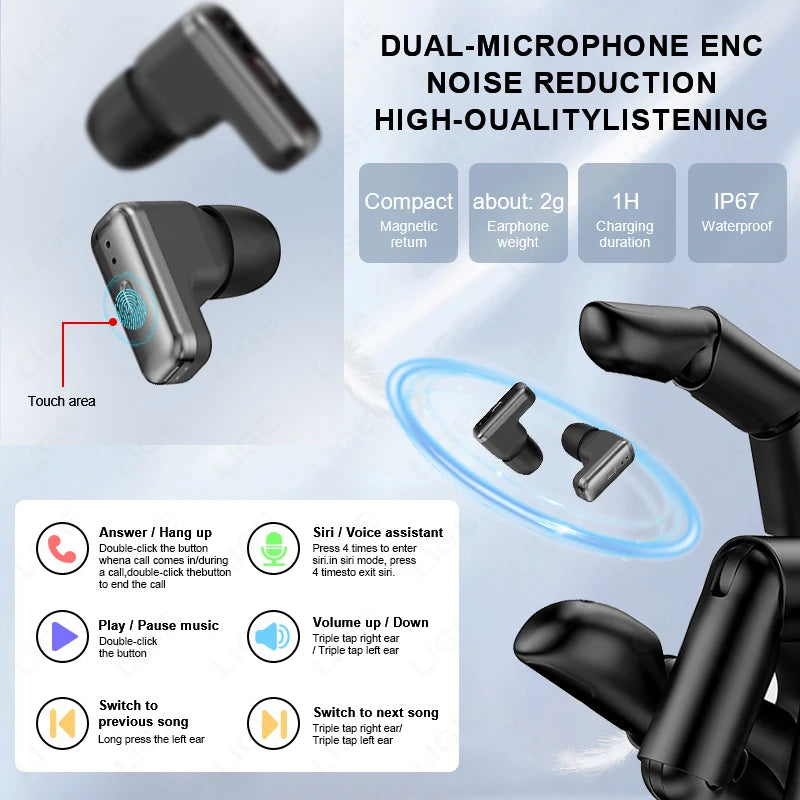 Smartwatch LIGE TWS 2 en 1 con auriculares Bluetooth y monitor cardíaco