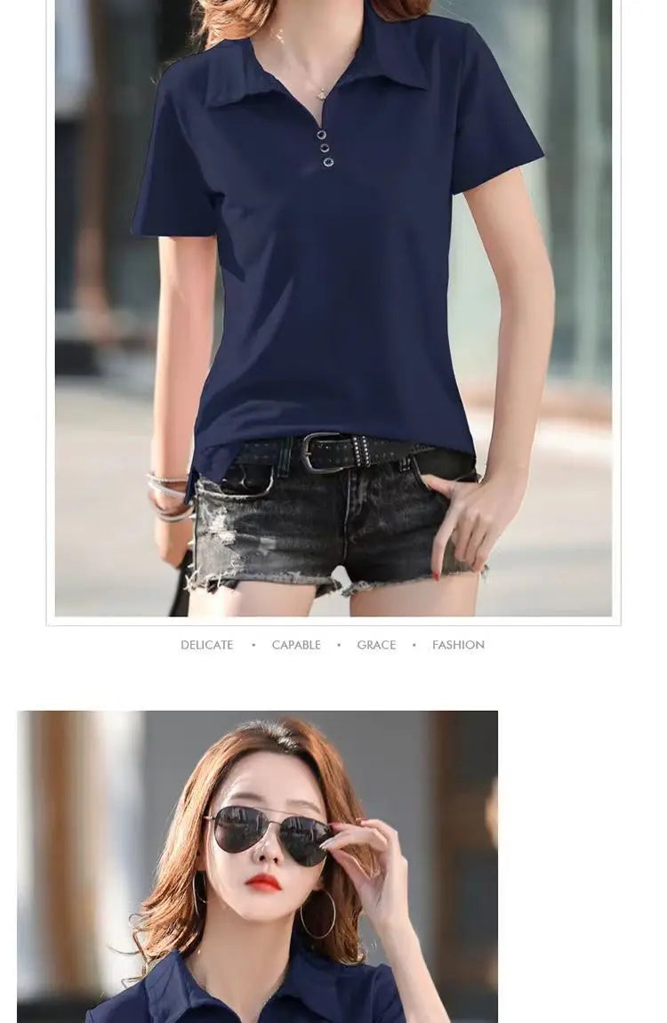 Camiseta Polo Femenina Estilo Coreano de Primavera
