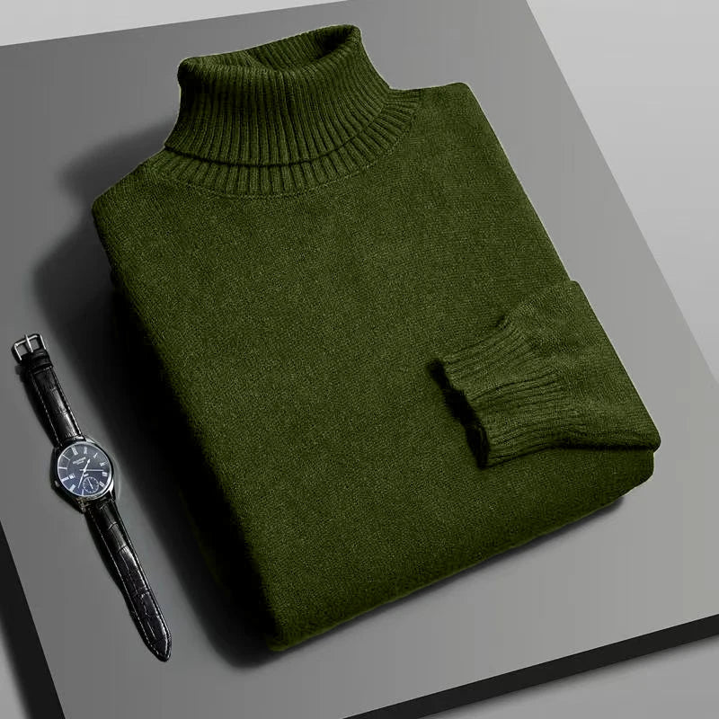 Otoño para hombre de alta calidad de punto suéter de cuello alto ajustado de manga larga anti-pilling jersey Color sólido tendencia hombres Streetwea