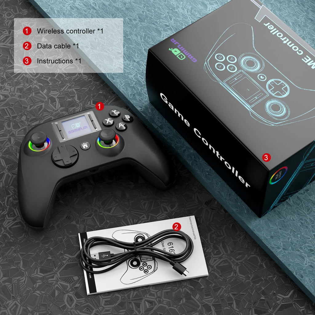 GAMINJA 6162 controlador inalámbrico de pantalla inteligente de 1,44 pulgadas para Switch P4 iOS Android PC TV doble Hall Joystick calibración luz RGB