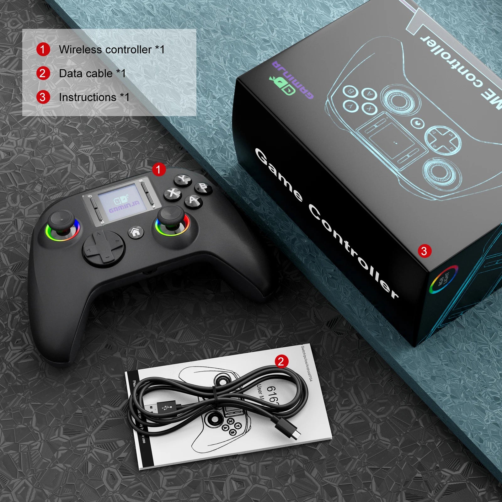 GAMINJA 6162 controlador inalámbrico de pantalla inteligente de 1,44 pulgadas para Switch P4 iOS Android PC TV doble Hall Joystick calibración luz RGB