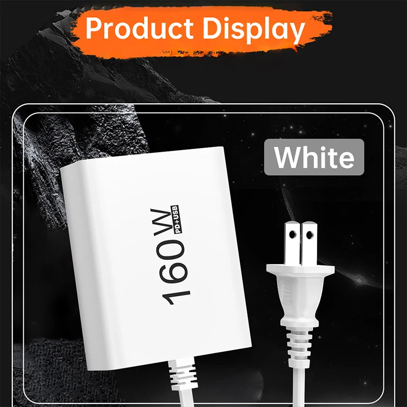 Cargador Rápido 160W 7 Puertos USB y USB-C, QC3.0, Pared Universal