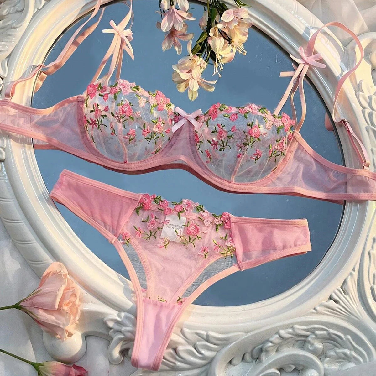 Conjunto de Sujetador y Braguitas con Bordado Floral para Mujer