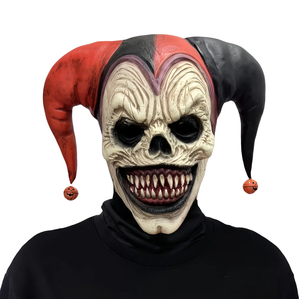 Máscara de payaso amenazante con cuernos, calavera sangrante, Halloween para fiestas de disfraces, casas embrujadas con pendientes de campana, colgantes de calabaza