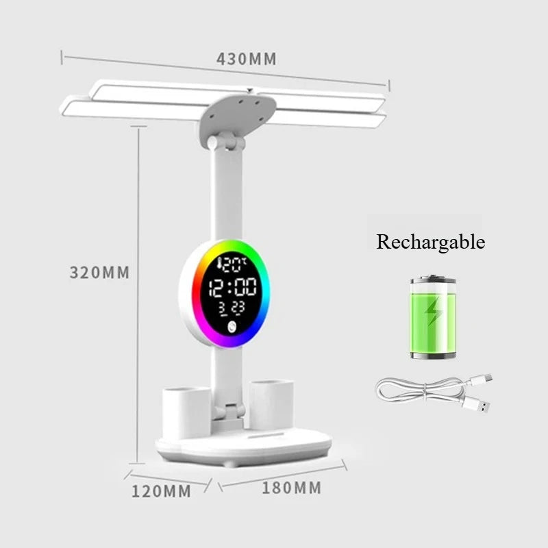 Lámpara de Mesa Recargable con Ventilador y Reloj LED